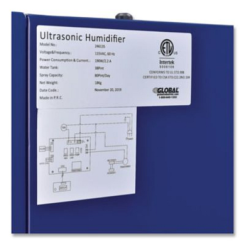 Global Industrial Ultrasonic Humidifier, 38 pt Tank Capacity, 300 pt Output, 13.75 x 23.62 x 18.25, Blue (246137)