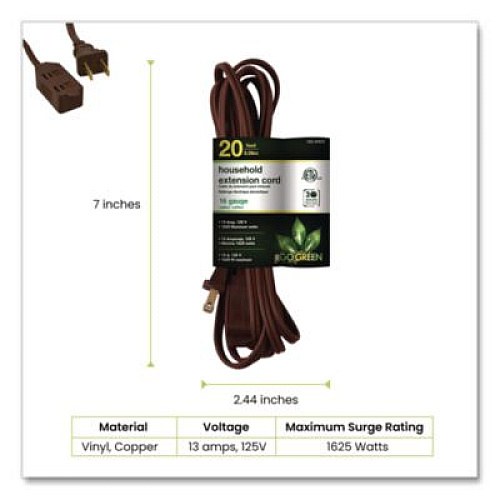 GoGreen Power Household Extension Cord, 20 ft, 13 A, Brown, 3/Pack (GG248203)