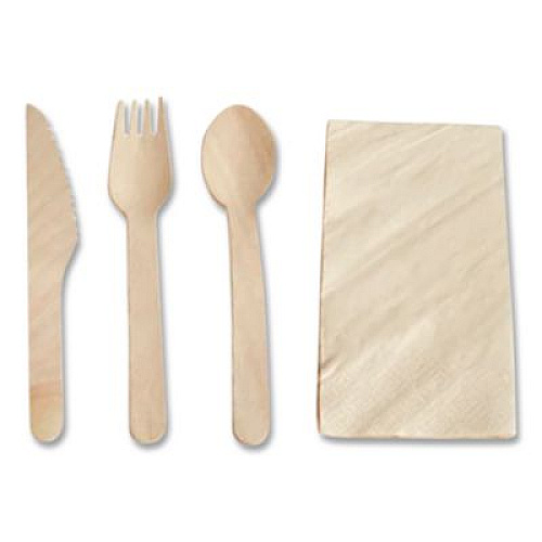 Hoffmaster Pre-Rolled Caterwrap Kraft Napkins with Wood Cutlery, Fork/Knife/Napkin/Spoon, Plastic, Brown, 100/Carton (120030)