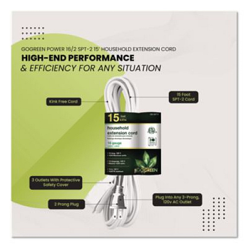 GoGreen Power Household Extension Cord, 15 ft, 13 A, White, 3/Pack (GG247153)