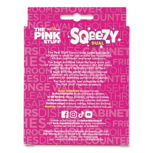 The Pink Stuff Sqeezy Dual-Sided Sponge and Scrubber, 4" x 5.3", 3.8" Thick, Pink/Ivory (823773)