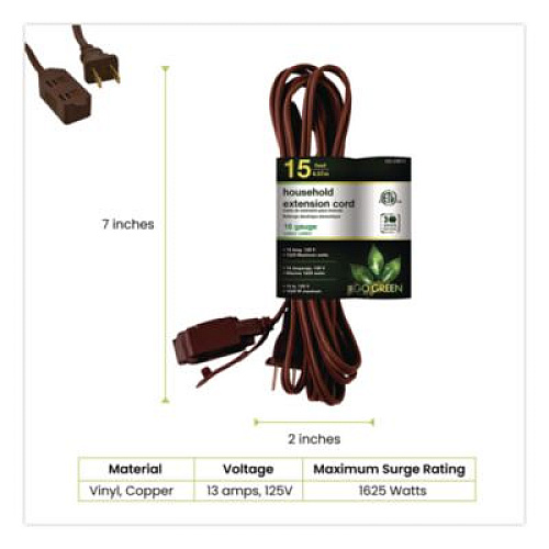 GoGreen Power Household Extension Cord, 15 ft, 13 A, Brown, 3/Pack (GG248153)