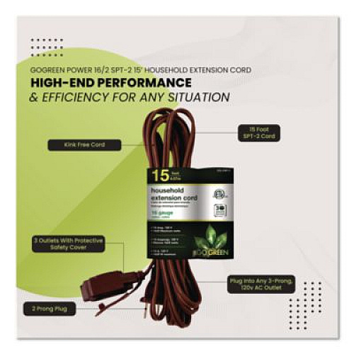 GoGreen Power Household Extension Cord, 15 ft, 13 A, Brown, 3/Pack (GG248153)