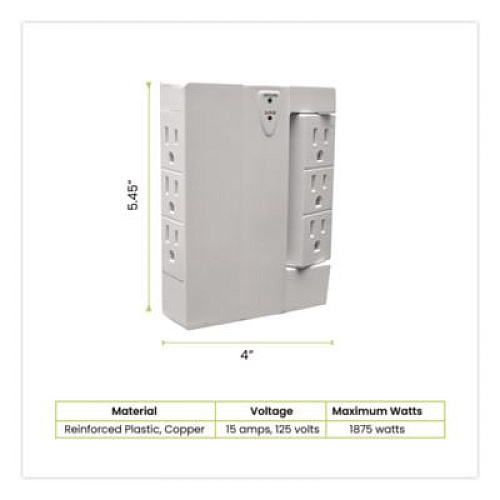 GoGreen Power 6 Outlet Swivel Wall Tap with Surge Protection, 1,000 J, White (GG16310TSW)