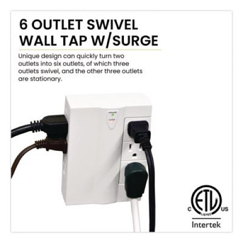 GoGreen Power 6 Outlet Swivel Wall Tap with Surge Protection, 1,000 J, White (GG16310TSW)