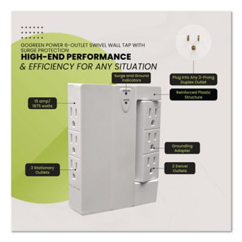 GoGreen Power 6 Outlet Swivel Wall Tap with Surge Protection, 1,000 J, White (GG16310TSW)