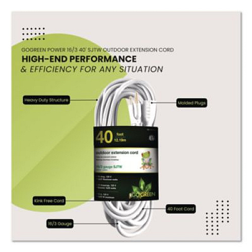 GoGreen Power 16 AWG Outdoor Extension Cord, 40 ft, 13 A, White (GG13740WH)