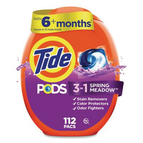 Tide Pods, HE Compatible, Spring Meadow, 85 oz, 112 Pods/Tub, 4 Tubs/Carton (03250)
