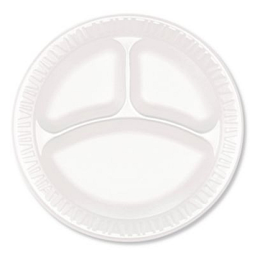Plastifar Foam Dinnerware, 3-Compartment Plate, 9" dia, White, 125/Sleeve, 4 Sleeves/Pack (12201)
