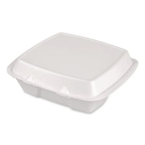 Plastifar Foam Hinged Lid Container, Secure Two Tab Latch, Poly Bag, 9 x 9 x 3, White, 100/Bag, 2 Bags/Carton (12095)