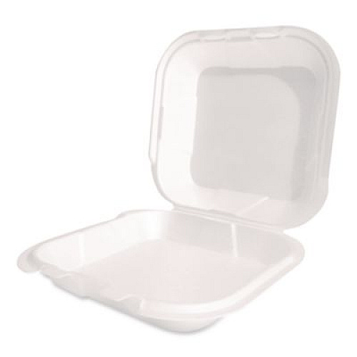 Plastifar Foam Hinged Lid Container, Secure Two Tab Latch, Poly Bag, 9 x 9 x 3, White, 100/Bag, 2 Bags/Carton (12095)