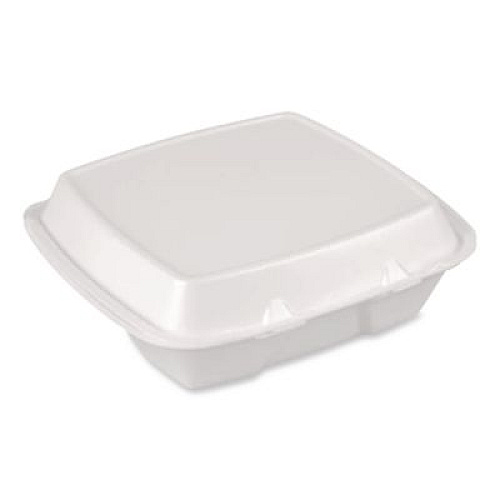 Plastifar Foam Hinged Lid Container, Secure Two Tab Latch, Poly Bag, 3 Compartments, 9 x 9 x 3, White, 100/Bag, 2 Bags/Carton (12094)
