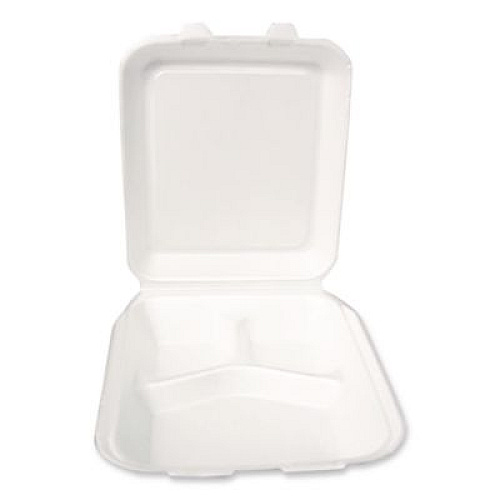 Plastifar Foam Hinged Lid Container, Secure Two Tab Latch, Poly Bag, 3 Compartments, 9 x 9 x 3, White, 100/Bag, 2 Bags/Carton (12094)