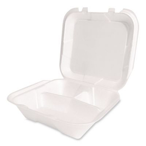 Plastifar Foam Hinged Lid Container, Secure Two Tab Latch, Poly Bag, 3 Compartments, 9 x 9 x 3, White, 100/Bag, 2 Bags/Carton (12094)