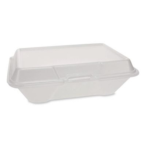 Plastifar Foam Hinged Lid Container, Secure Two Tab Latch, Poly Bag, 8 x 8.56 x 2.76, White, 100/Sleeve, 2 Sleeves/Bag, 1 Bag/Pack (12091)