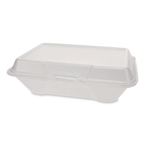 Plastifar Foam Hinged Lid Container, Secure Two Tab Latch, Poly Bag, 8 x 8.56 x 2.76, White, 100/Sleeve, 2 Sleeves/Bag, 1 Bag/Pack (12091)