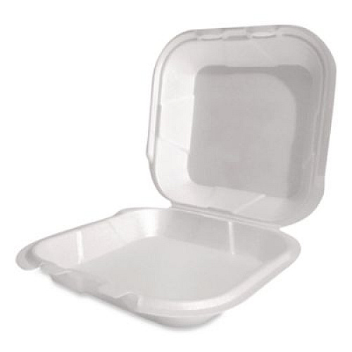 Plastifar Foam Hinged Lid Container, Secure Two Tab Latch, Poly Bag, 8 x 8.56 x 2.76, White, 100/Sleeve, 2 Sleeves/Bag, 1 Bag/Pack (12091)