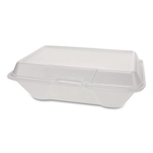 Plastifar Foam Hinged Lid Container Secure One Tab Latch, 3 Compartments, 7.81 x 8.75 x 3.38, White, 100/Sleeve, 2 Sleeves/Bag (12039)