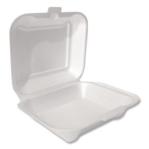 Plastifar Foam Hinged Lid Container Secure One Tab Latch, 3 Compartments, 7.81 x 8.75 x 3.38, White, 100/Sleeve, 2 Sleeves/Bag (12039)