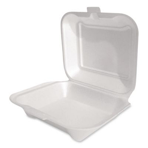 Plastifar Foam Hinged Lid Container, Secure One Tab Latch, Poly Bag, 7.81 x 8.75 x 3.38, White, 100/Sleeve, 2 Sleeves/Bag, 1 Bag/Pack (12018)