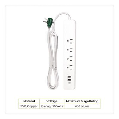 GoGreen Power Four-Outlet Surge Protector with Three USB Ports, 4 ft Cord Length Cord, 450 J, White (GG1462USBC)
