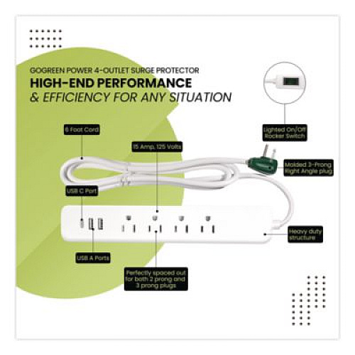 GoGreen Power Four-Outlet Surge Protector with Three USB Ports, 4 ft Cord Length Cord, 450 J, White (GG1462USBC)