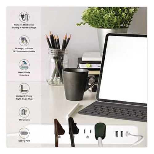 GoGreen Power Four-Outlet Surge Protector with Three USB Ports, 4 ft Cord Length Cord, 450 J, White (GG1462USBC)