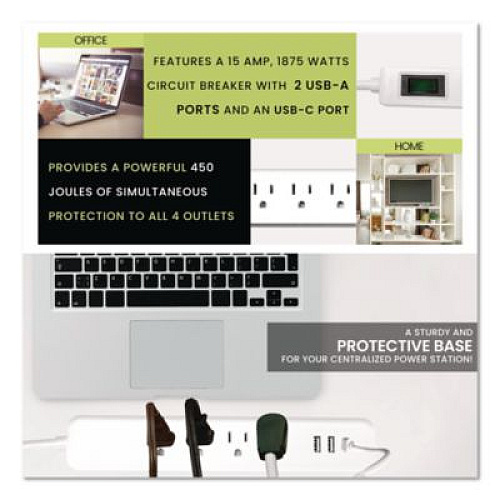 GoGreen Power Four-Outlet Surge Protector with Three USB Ports, 4 ft Cord Length Cord, 450 J, White (GG1462USBC)