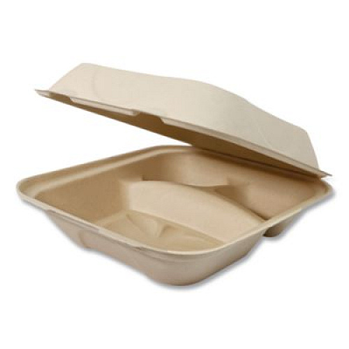 World Centric Fiber Hinged Takeout Containers, 3 Compartments, 8.8 x 8.2 x 2.9, Natural, Paper, 300/Carton (TOSCU8TLFP)