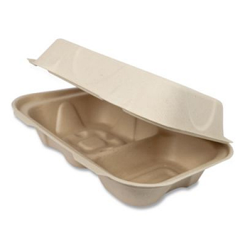World Centric Fiber Hinged Takeout Containers, Hoagie Box, 9.2 x 6.4 x 3, Natural, Paper, 500/Carton (TOSCU34DLFP)