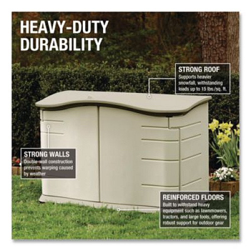 Rubbermaid Horizontal Outdoor Storage Shed, 55 x 28 x 36, 20 cu ft, Olive Green/Sandstone (3748)