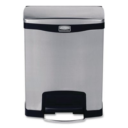 Rubbermaid Commercial Slim Jim Stainless Steel Step-On Container, Front Step Style, 8 gal, Stainless Steel, Black (1901985)