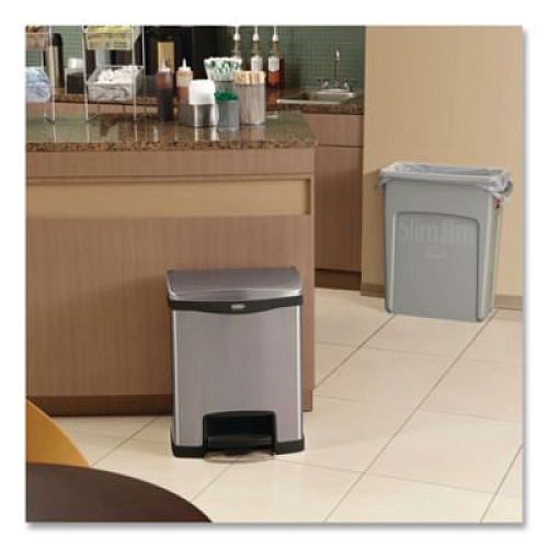 Rubbermaid Commercial Slim Jim Stainless Steel Step-On Container, Front Step Style, 8 gal, Stainless Steel, Black (1901985)