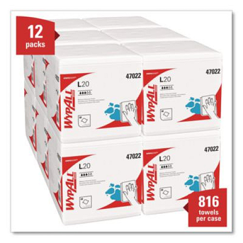 WypAll L20 Towels, 1/4 Fold, 4-Ply, 12.5 x 12 Unscented, White, 68/Pack, 12 Packs/Carton (47022)