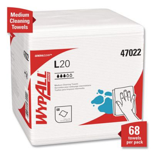 WypAll L20 Towels, 1/4 Fold, 4-Ply, 12.5 x 12 Unscented, White, 68/Pack, 12 Packs/Carton (47022)