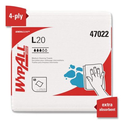 WypAll L20 Towels, 1/4 Fold, 4-Ply, 12.5 x 12 Unscented, White, 68/Pack, 12 Packs/Carton (47022)