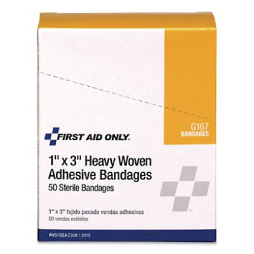 First Aid Only Heavy Woven Adhesive Bandages, Strip, 1 x 3, 50/Box (G167)