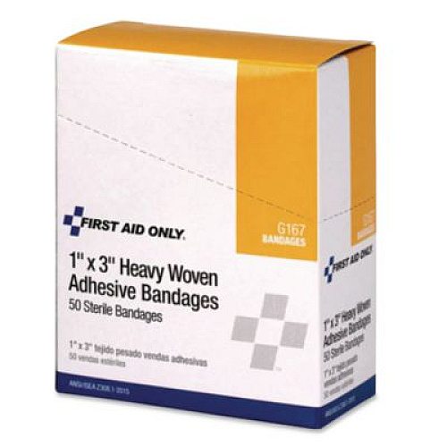 First Aid Only Heavy Woven Adhesive Bandages, Strip, 1 x 3, 50/Box (G167)