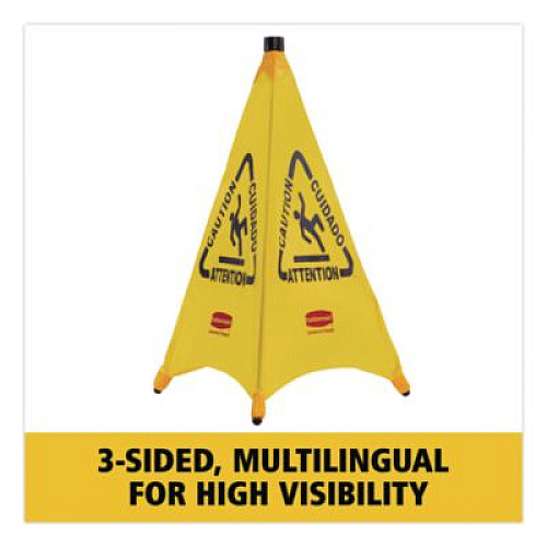 Rubbermaid Commercial Multilingual Pop-Up Safety Cone, 3-Sided, Fabric, 21 x 21 x 20, Yellow (9S00YEL)