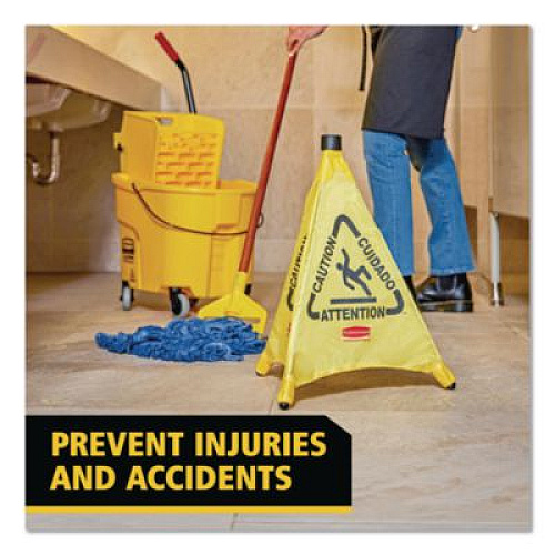 Rubbermaid Commercial Multilingual Pop-Up Safety Cone, 3-Sided, Fabric, 21 x 21 x 20, Yellow (9S00YEL)