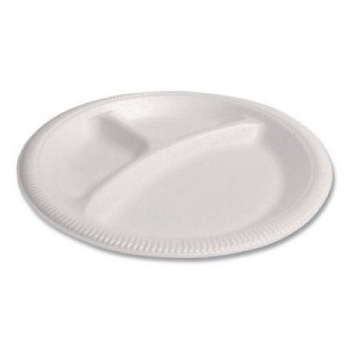 Plastifar Foam Dinnerware, 3-Compartment Plate, 9" dia, White, 125/Sleeve, 4 Sleeves/Pack (12201)