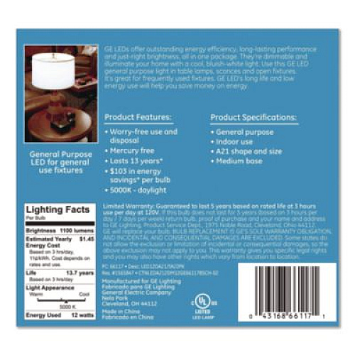 GE LED Dimmable A21 Light Bulb, 12 W, Daylight, 2/Pack (66117)