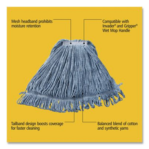 Rubbermaid Commercial Super Stitch Blend Mop Head, Cotton/Synthetic, Large, 1" Red Headband, Blue, 6/Carton (D213BLU)