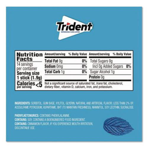 Trident Sugar-Free Gum, Original Mint, 14 Sticks/Pack, 12 Pack/Box (12546)