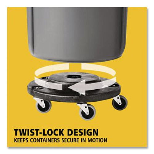Rubbermaid Commercial Brute Round Twist On/Off Dolly, 250 lb Capacity, 18" dia x 6.63"h, Fits 20 to 55 Gallon BRUTE Containers, Black (264000BK)