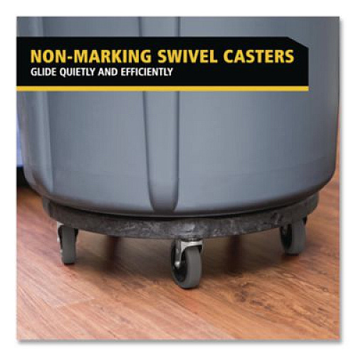 Rubbermaid Commercial Brute Round Twist On/Off Dolly, 250 lb Capacity, 18" dia x 6.63"h, Fits 20 to 55 Gallon BRUTE Containers, Black (264000BK)