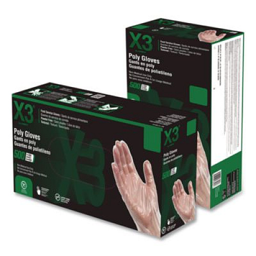 X3 by AMMEX Polyethylene Food Safe Industrial Gloves, Powder-Free, Large, Clear, 500/Box, 20 Boxes/Carton (PGLOVEL500XX)