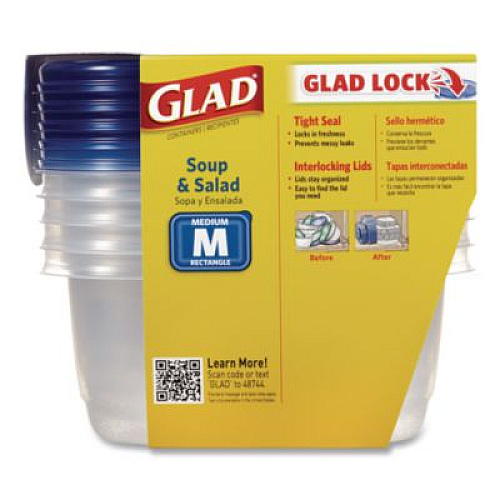 Glad Soup and Salad Containers, Medium Rectangle, 24 oz, 6.49 x 4.86 x 2.98, Clear/Bue, Plastic, 5/Pack (60796PK)