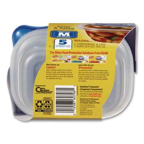Glad Soup and Salad Containers, Medium Rectangle, 24 oz, 6.49 x 4.86 x 2.98, Clear/Bue, Plastic, 5/Pack (60796PK)