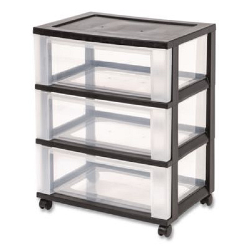 IRIS Three-Drawer Durable Storage Cart, Plastic, 22 x 15.69 x 25.48, Clear/Black (270012)